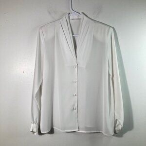 Womens Vintage Christie & Jill Pleated‎ Collar Button Shirt White V Neck S